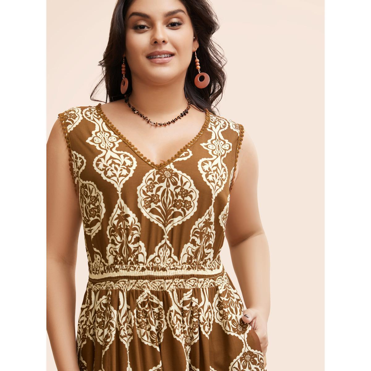Plus Size Bandana Shirred Pompom Trim Midi Dress Yellowishbrown Women Resort Woven ribbon&lace trim V-neck Sleeveless Curvy BloomChic 26/4X Product Image