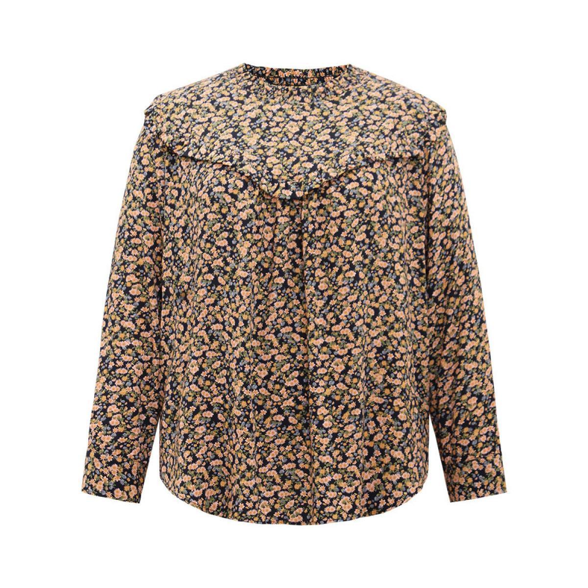 Plus Size Multicolor Ditsy Floral Shirred Ruffle Trim Blouse Women Elegant Long Sleeve Halter neck Dailywear Blouses BloomChic 30/6X Product Image