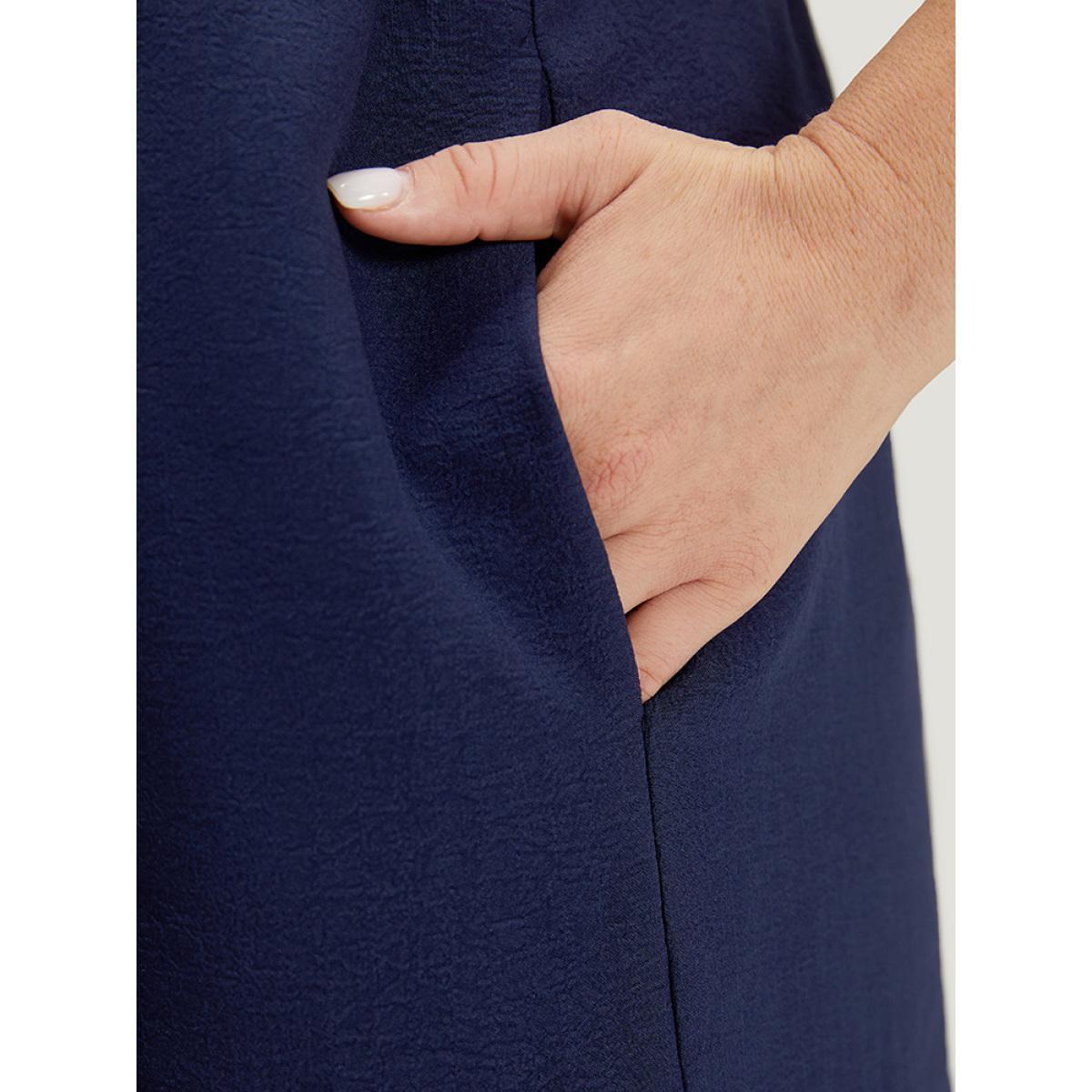 Plus Size Water Drop Print Patchwork Ruffle Cap Sleeve Pocket Dress DarkBlue Women Elegant Contrast V-neck Cap Sleeve Curvy Knee Dress BloomChic 14-16/1X Product Image