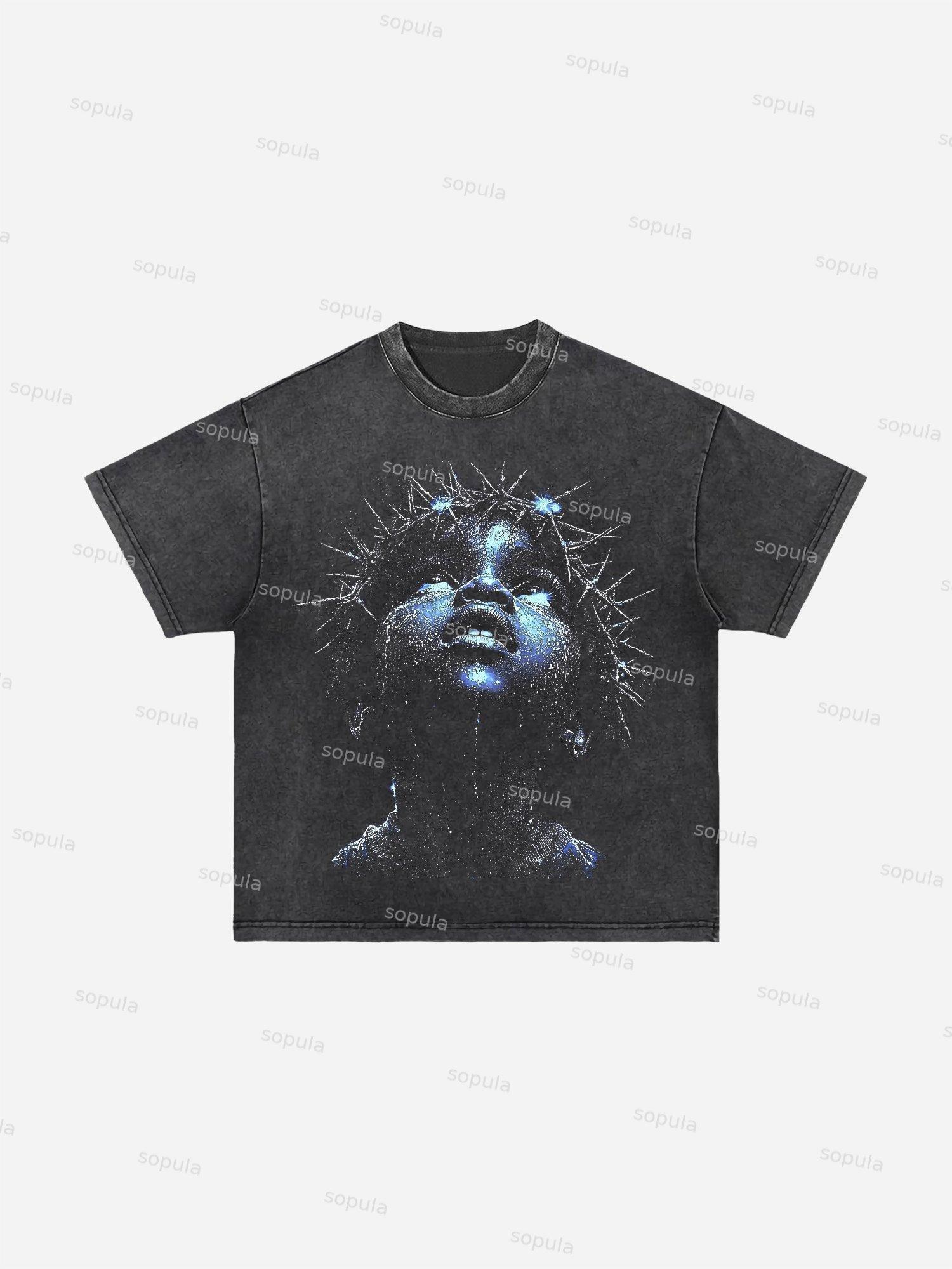 Men's Vintage Wild West Skull Graphic Acid Wash T-shirt Product Image