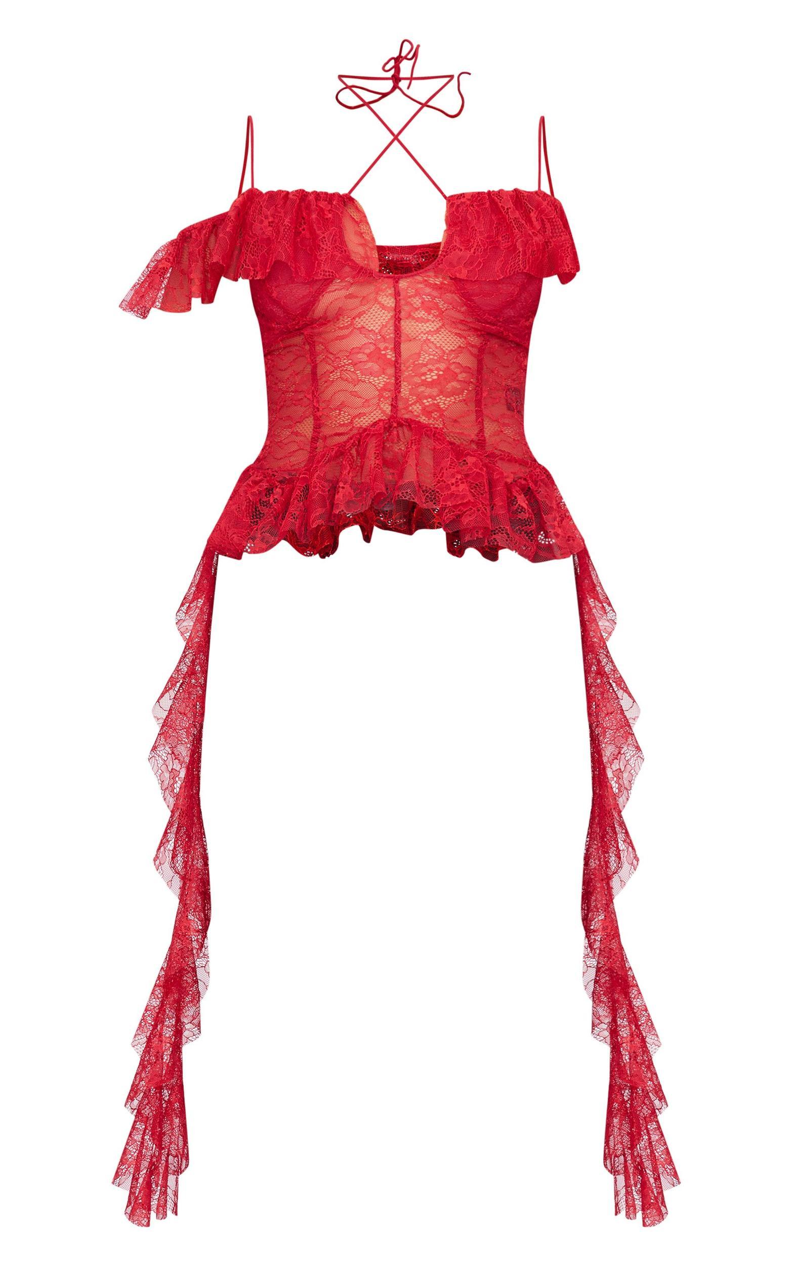 Wine Lace Ruffle Halterneck Long Top Product Image