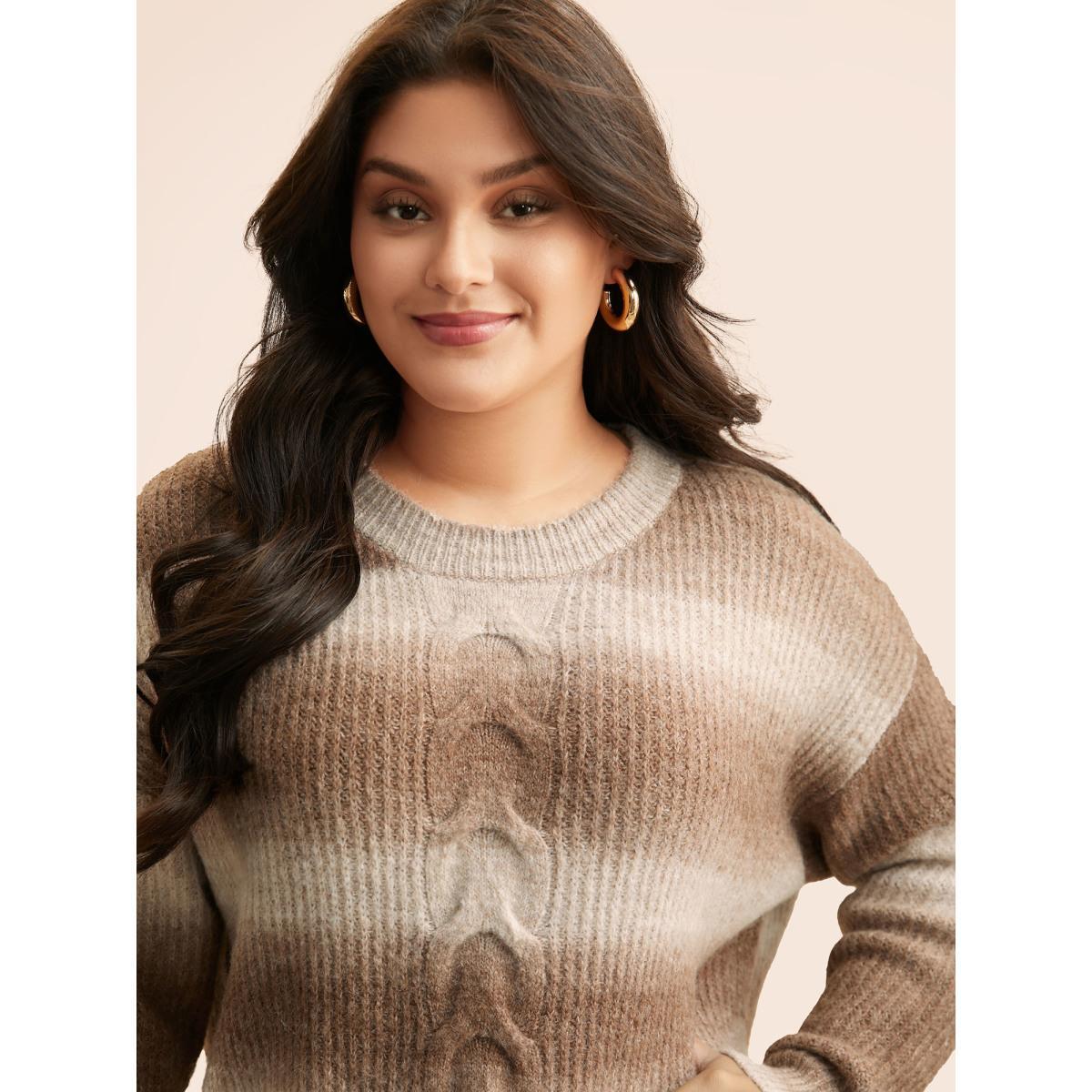 Plus Size Crew Neck Textured Drop Shoulder Pullover Yellowishbrown Women Casual Loose Long Sleeve Round Neck Everyday Pullovers BloomChic 28/5X Product Image