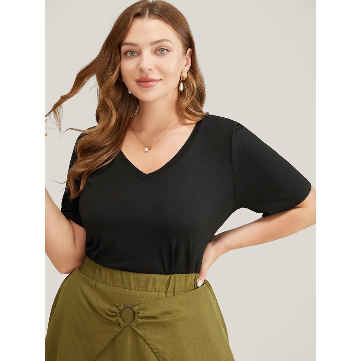 Plus Size Supersoft Essentials Moderately Stretchy Drop Shoulder T-shirt Black Women Basics Plain V-neck Dailywear T-shirts BloomChic 30/6X Product Image