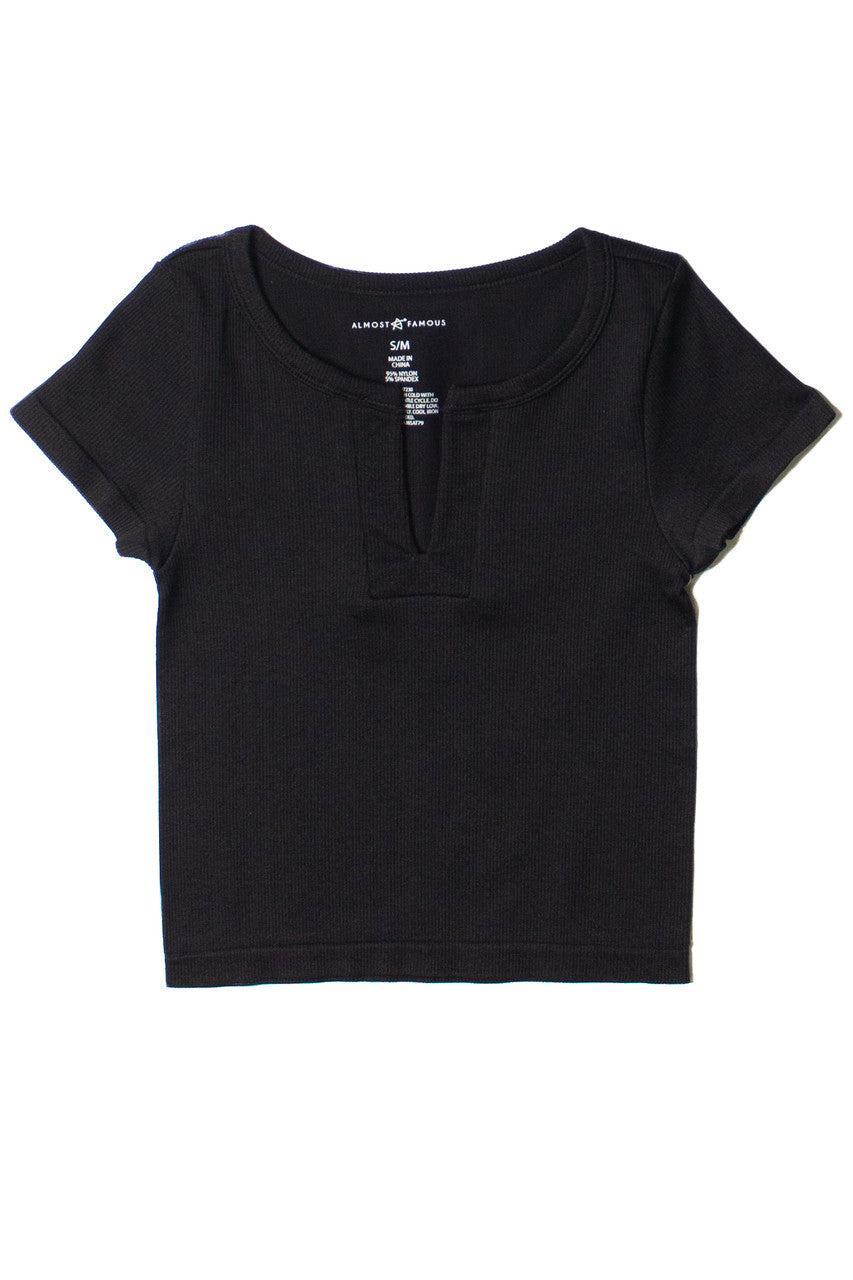 Black Seamless Ribbed Notch Neck Tee Product Image