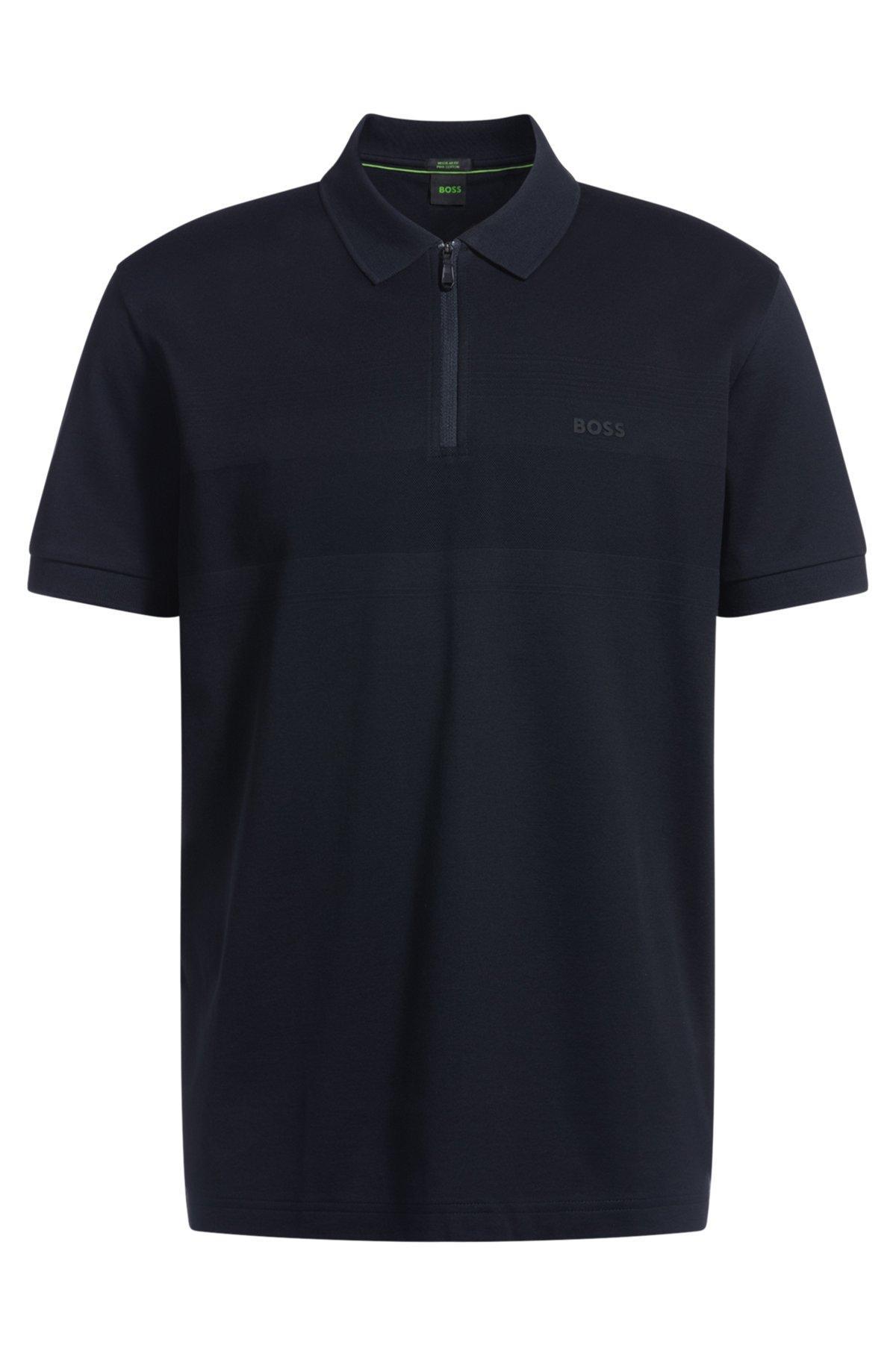BOSS - Structured-cotton polo shirt with zip neck - Dark Blue Product Image