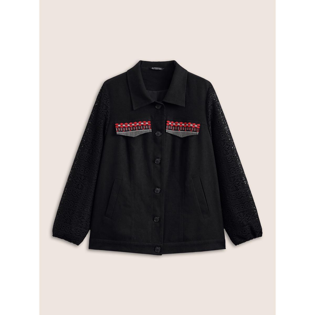 Plus Size Patchwork Embroidered Flap Detail Jacket Women Black Non Slanted pocket Everyday Jackets BloomChic 30/6X Product Image