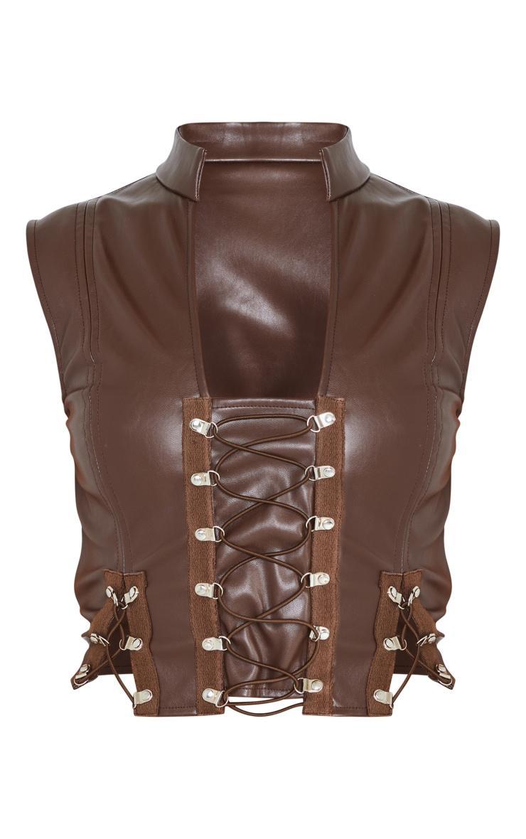 Dark Brown Faux Leather Lace Up Sleeveless Crop Top Product Image