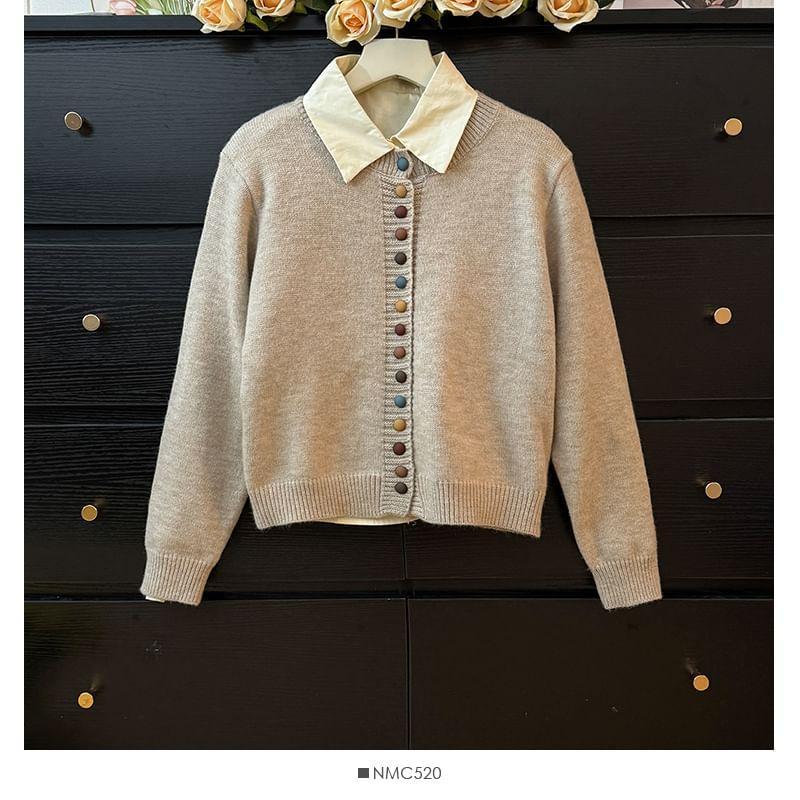 Set: Button-Up Knit Crop Top + Plain Crop Shirt Product Image