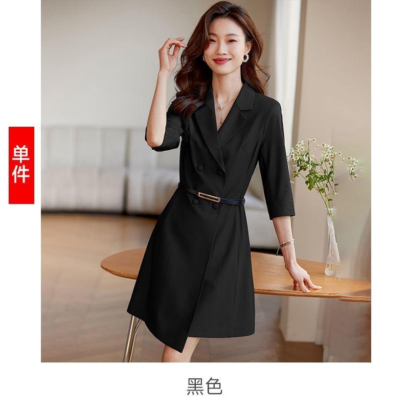 Set: Elbow-Sleeve V-Neck Plain Asymmetrical Mini A-Line Blazer Dress + Faux Leather Belt Product Image