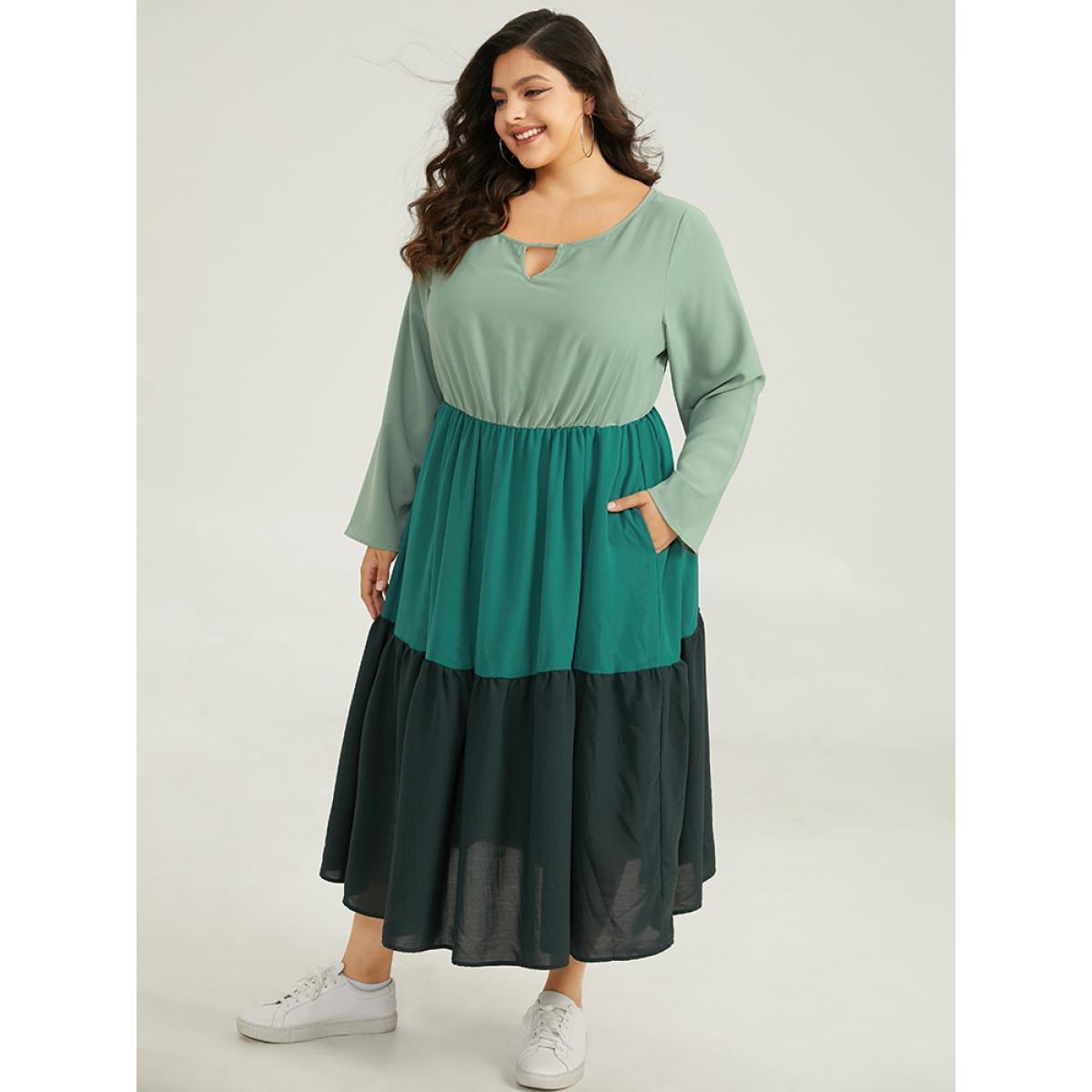 Plus Size Colorblock Contrast Keyhole Layered Hem Dress Mint Women Casual Plain Keyhole Cut-Out Long Sleeve Curvy Midi Dress BloomChic 10/M Product Image