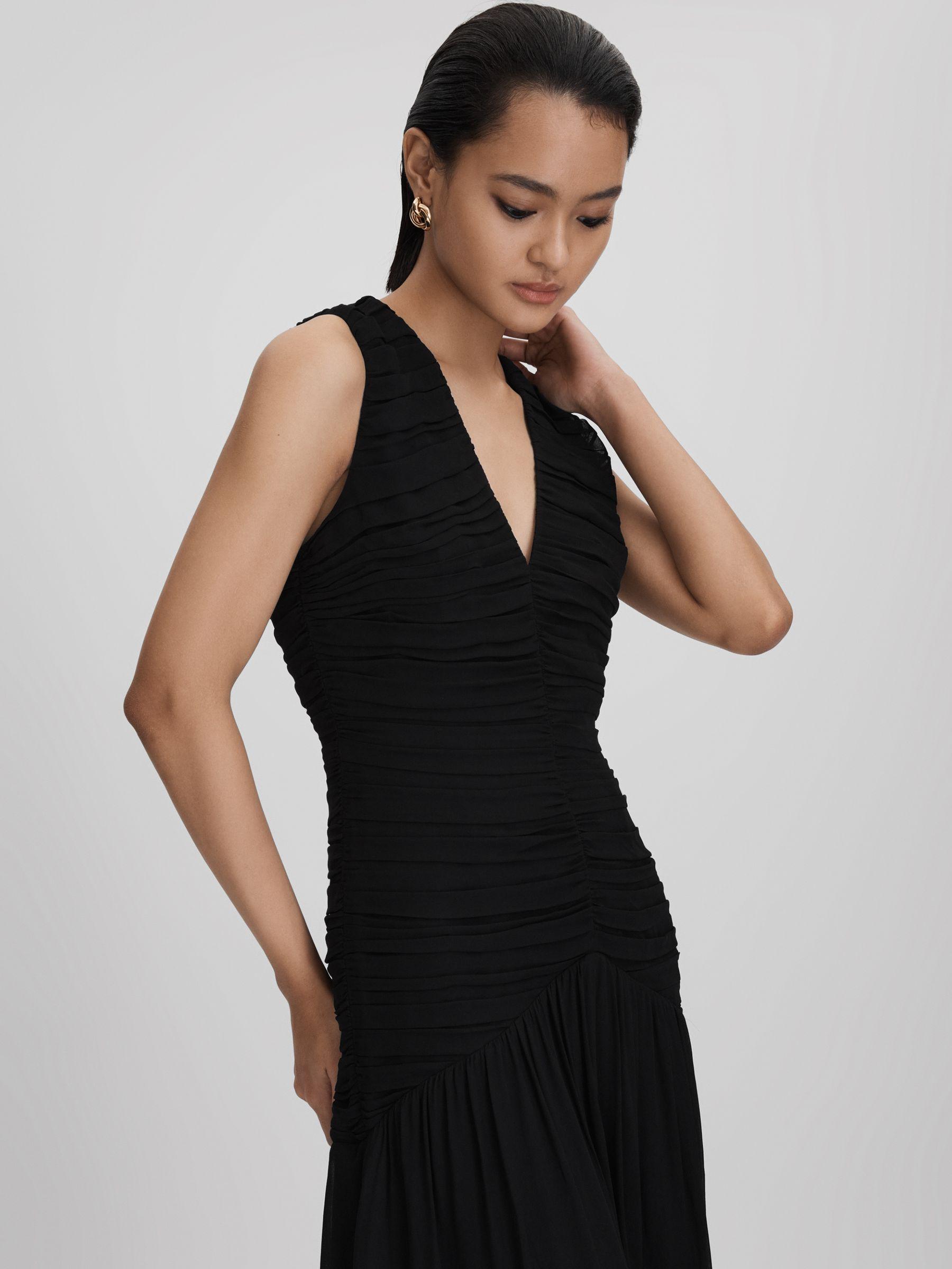 Ruched Bodycon Midi Dress in Black Product Image