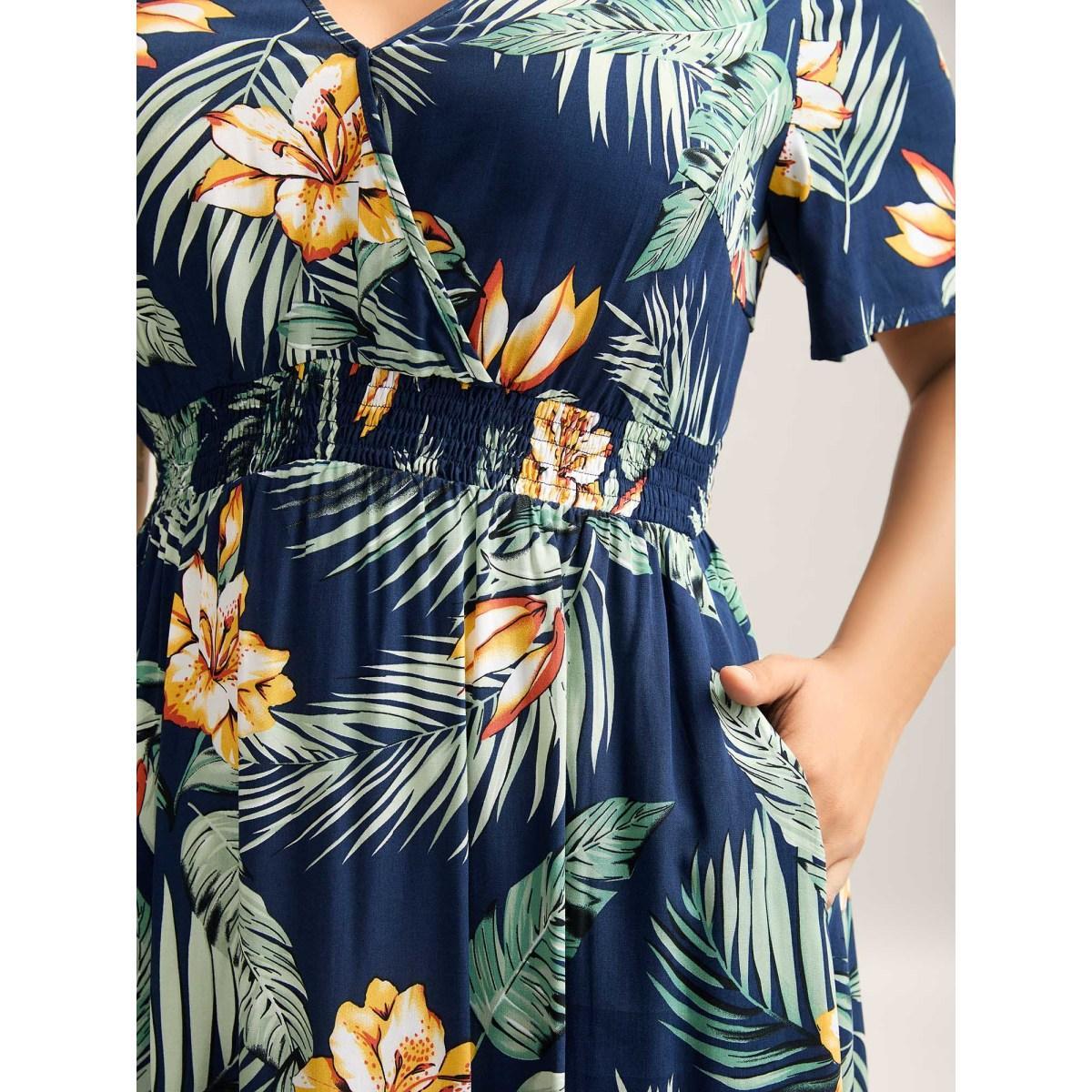 Plus Size Tropical Floral Print Shirred Waist Midi Dress DarkBlue Women Overlap Collar Short sleeve Curvy BloomChic 22-24/3X Product Image