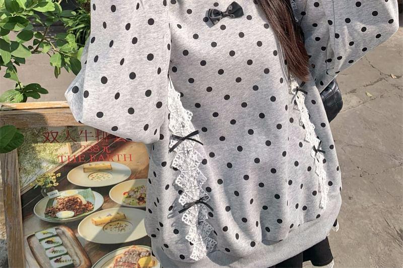 Round Neck Dotted Bow Panel Lace Pullover Product Image