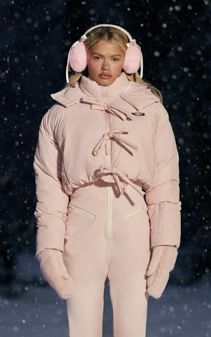 PRETTYLITTLETHING SKI Pink Bow Oversized Cropped Detail Puffer Coat Product Image