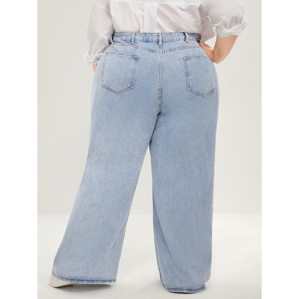 Plus Size Boyfriend Wide Leg Non Stretchy High Rise Light Wash Distressed Jeans Women LightBlue Casual Plain Distressed No stretch Pocket Jeans BloomChic 30/6X Product Image