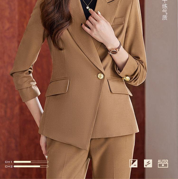 Peak Lapel Plain Asymmetrical One-Buttoned Blazer / Mid Rise Flared Dress Pants / Long-Sleeve V-Neck Blouse / Set Product Image