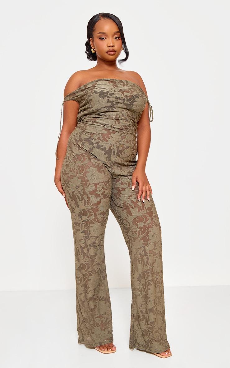 Plus Sage Green Devore Shoulder Tie Jumpsuit Product Image