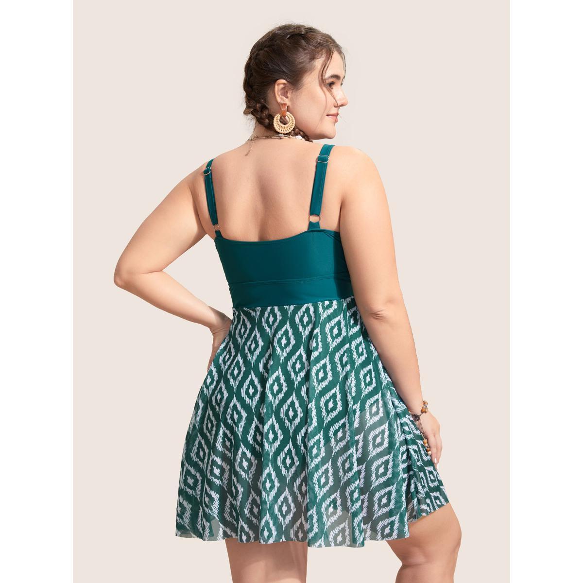 Plus Size Geometric Patchwork See Through Ruffles Swim Dress Women's Swimwear DarkGreen Beach Bodycon V-neck High stretch Curve Swim Dresses BloomChic 18-20/2X Product Image