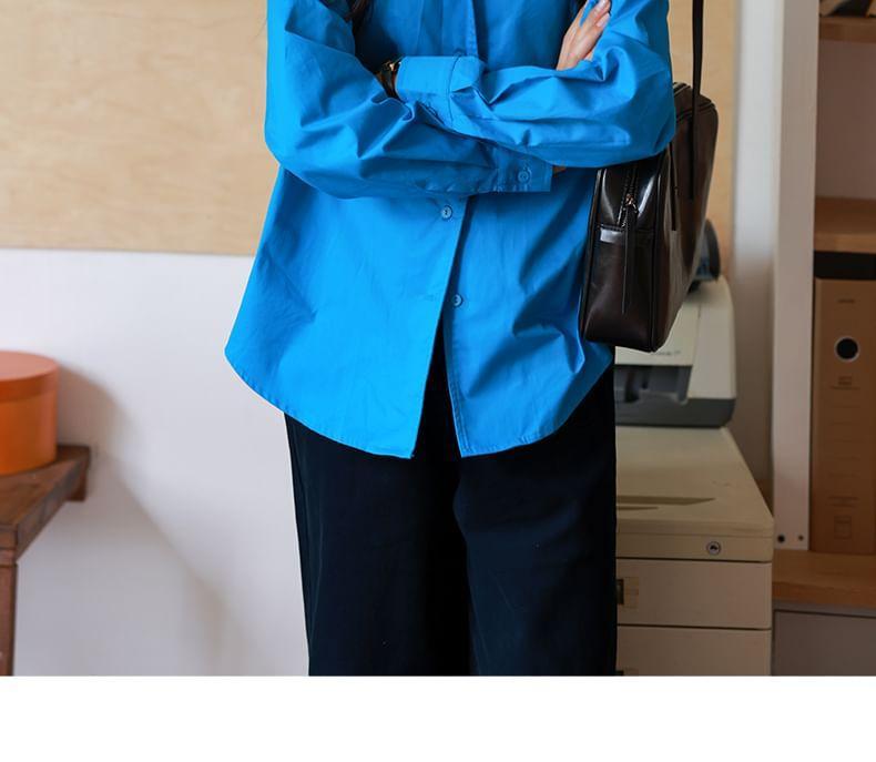 Long-Sleeve Lapel Collar Plain Button-Up Blouse Product Image