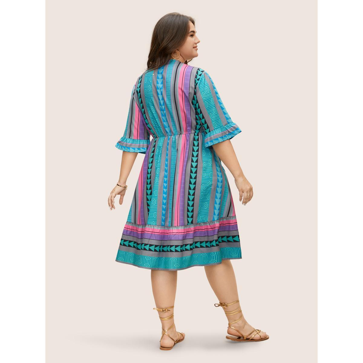 Plus Size Notched Collar Geometric Striped Ruffle Sleeve Dress Teal Women Resort Non Notched collar Half Sleeve Curvy BloomChic 14-16/1X Product Image