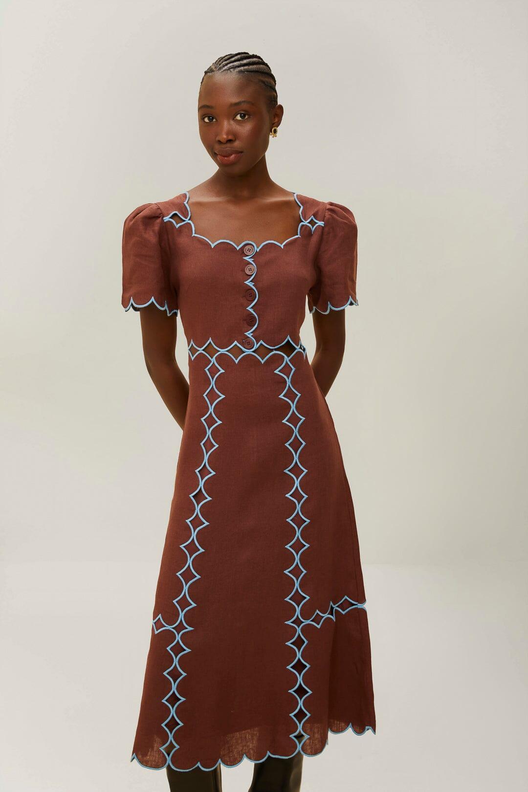 Brown Short Sleeve Euroflax Premium Linen Maxi Dress, BROWN / M Product Image