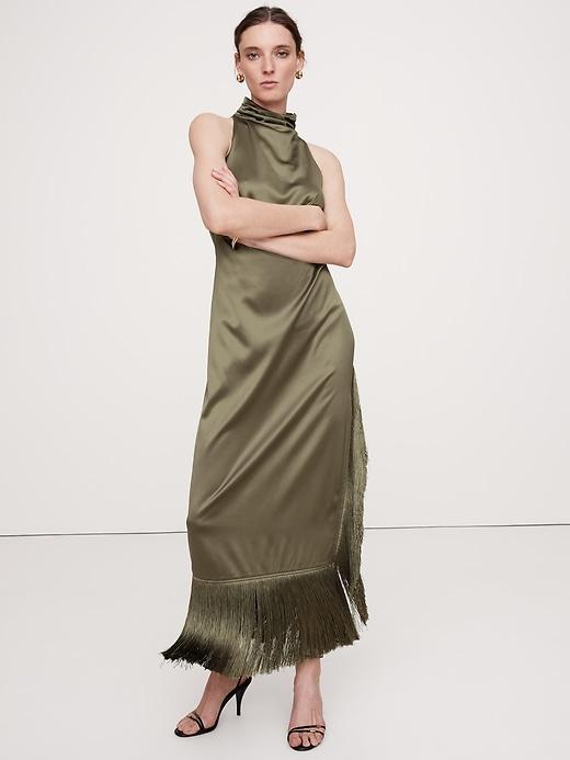 Fringe Satin Maxi Dress Product Image