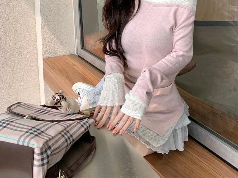 Long-Sleeve Off-Shoulder Mock Two-Piece Two Tone Asymmetrical Ruched Top Product Image