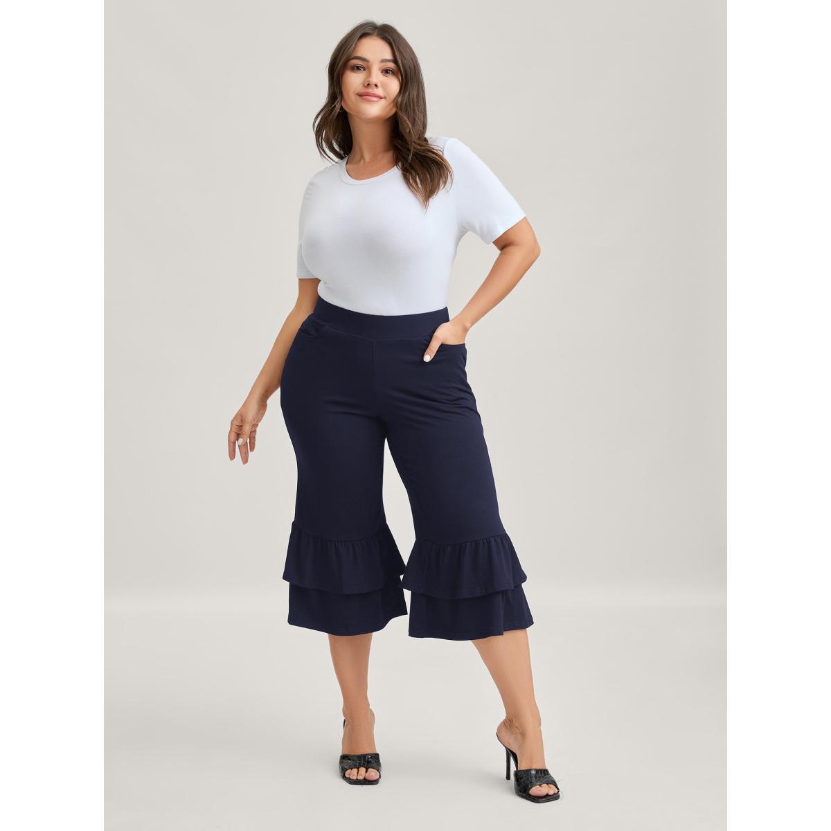 Plus Size Layered Ruffled Flare Hem Pants Women Black Bodycon Mid Rise Everyday-Elegant Pants BloomChic 26/4X Product Image