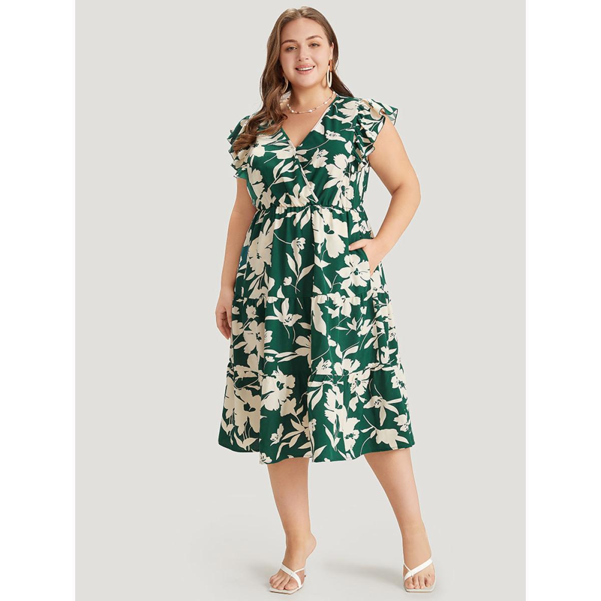 Plus Size Floral Ruffles Cap Sleeve Pocket Button Wrap Dress Green Women Elegant Gathered V-neck Sleeveless Curvy Midi Dress BloomChic 26/4X Product Image