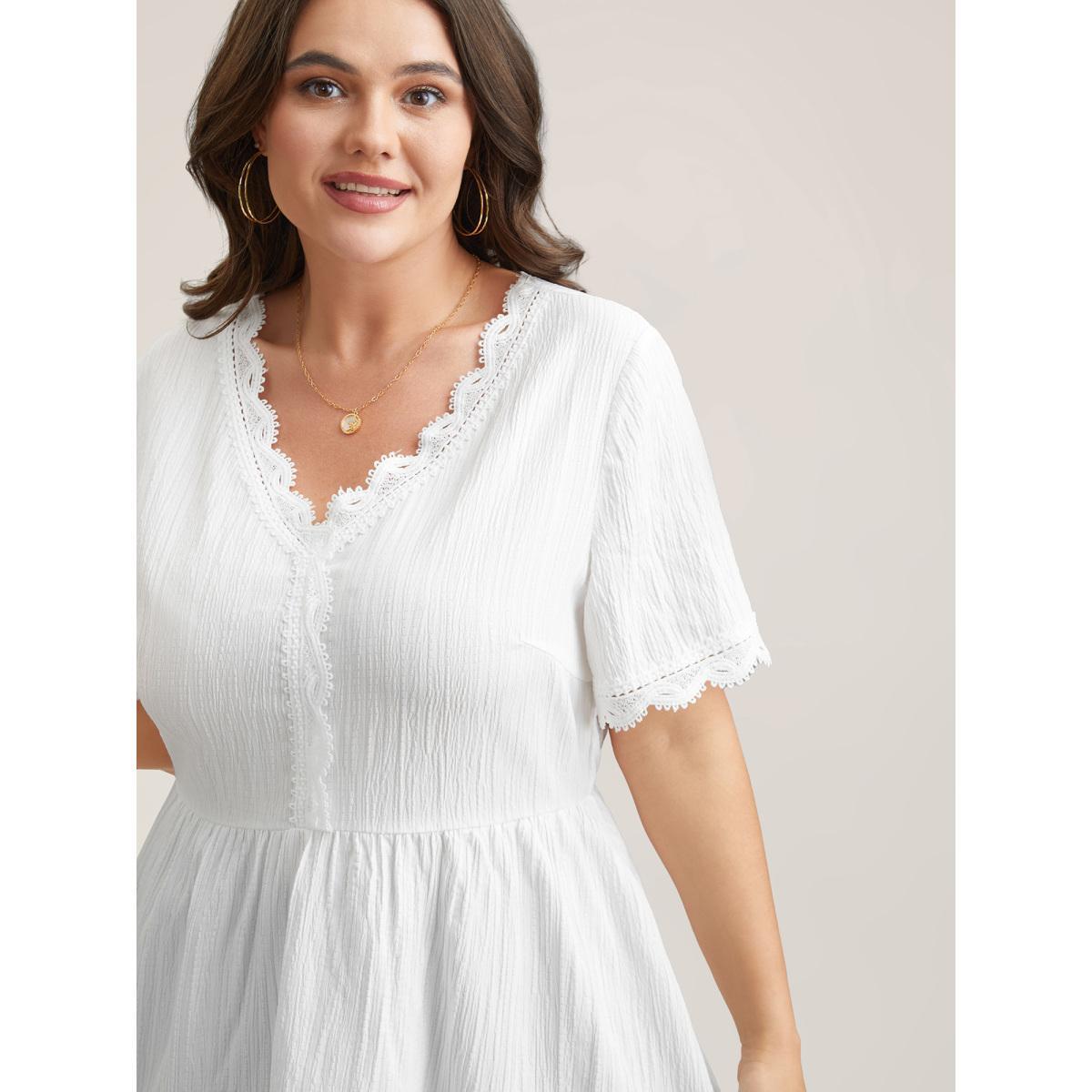 Plus Size Beige Scalloped Lace Textured Sheer Flared Shirt Women Casual Short sleeve V-neck Everyday Blouses BloomChic 14-16/1X Product Image