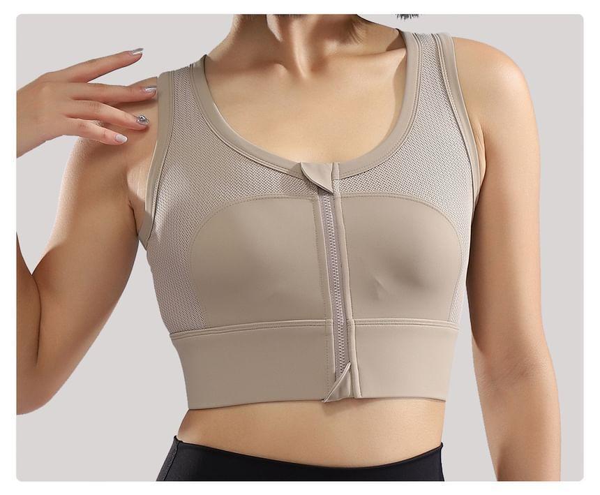 Scoop Neck Padded Zip-Up Plain Crop Sports Tank Top Product Image