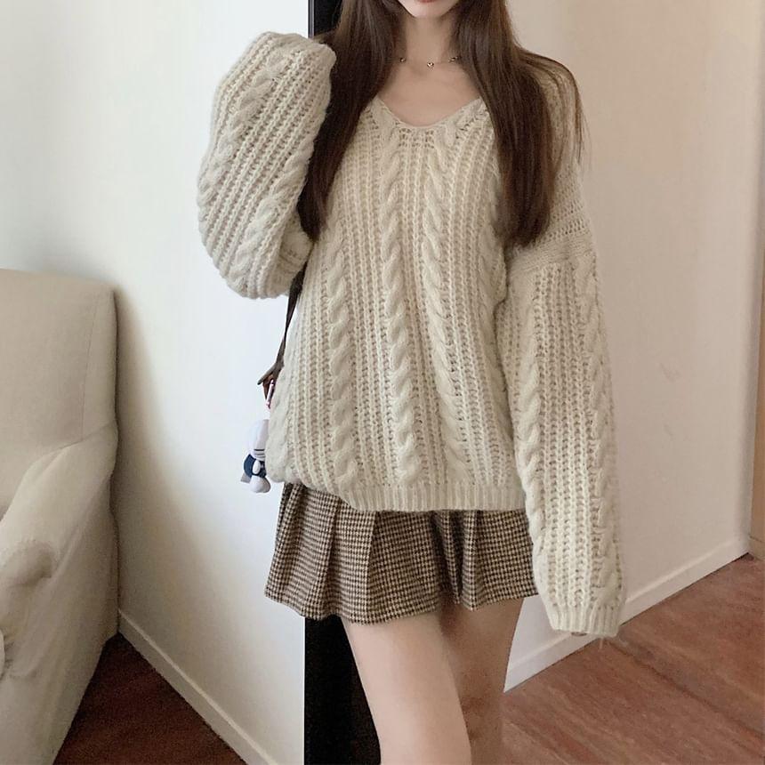 V-Neck Plain Oversized Cable Knit Sweater Product Image