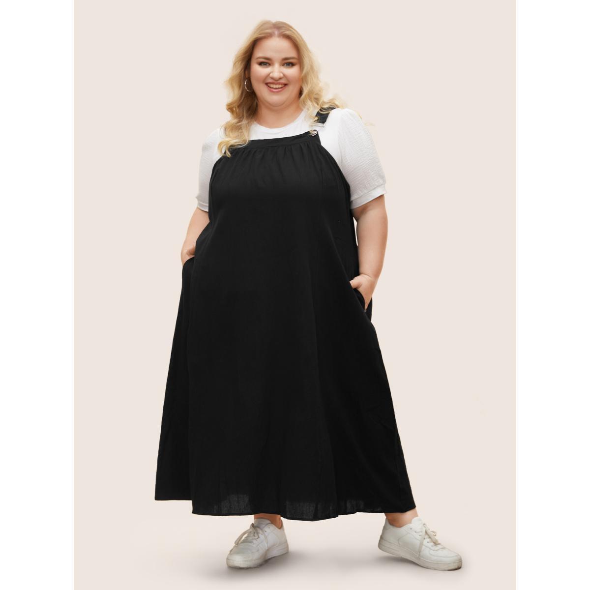 Plus Size Cotton Solid Adjustable Straps Pocket Midi Dress Black Women Casual Gathered Non Sleeveless Curvy BloomChic 12/L Product Image