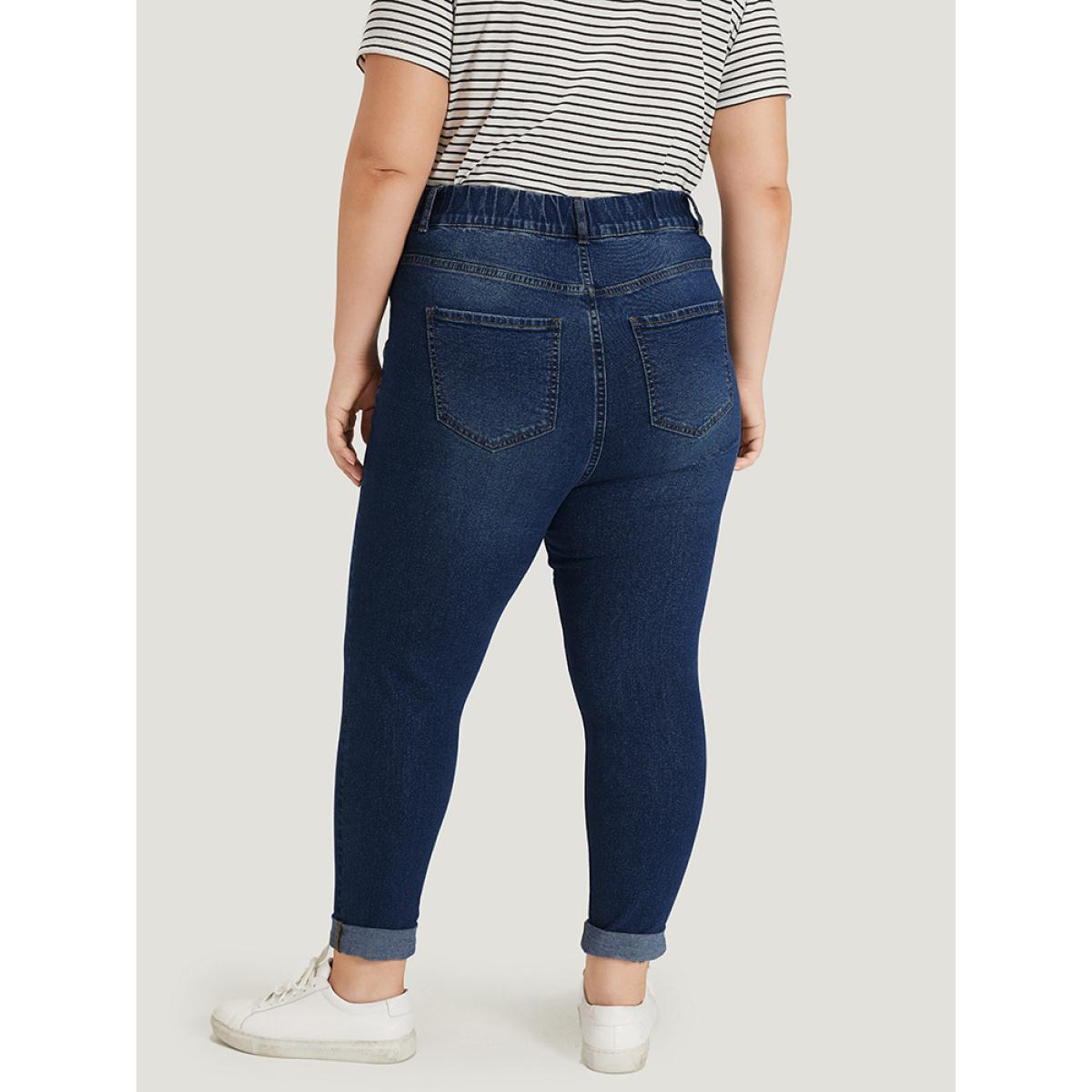 Plus Size Plain Elastic Waist Medium Wash Roll Hem Jeans Women DarkBlue Casual Plain Plain High stretch Pocket Jeans BloomChic 14/1X Product Image