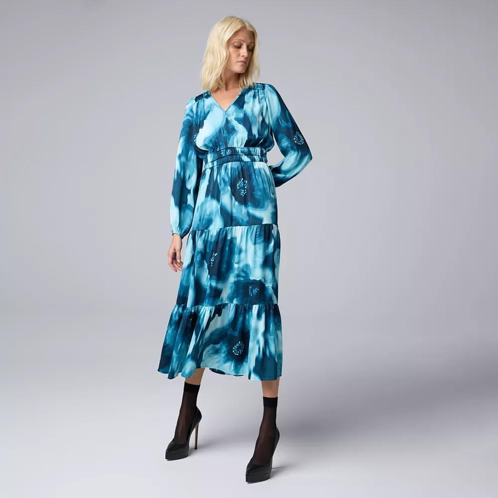 Petite Simply Vera Vera Wang V-Neck Balloon Sleeve Tiered Maxi Dress, Womens Blue Floral Product Image