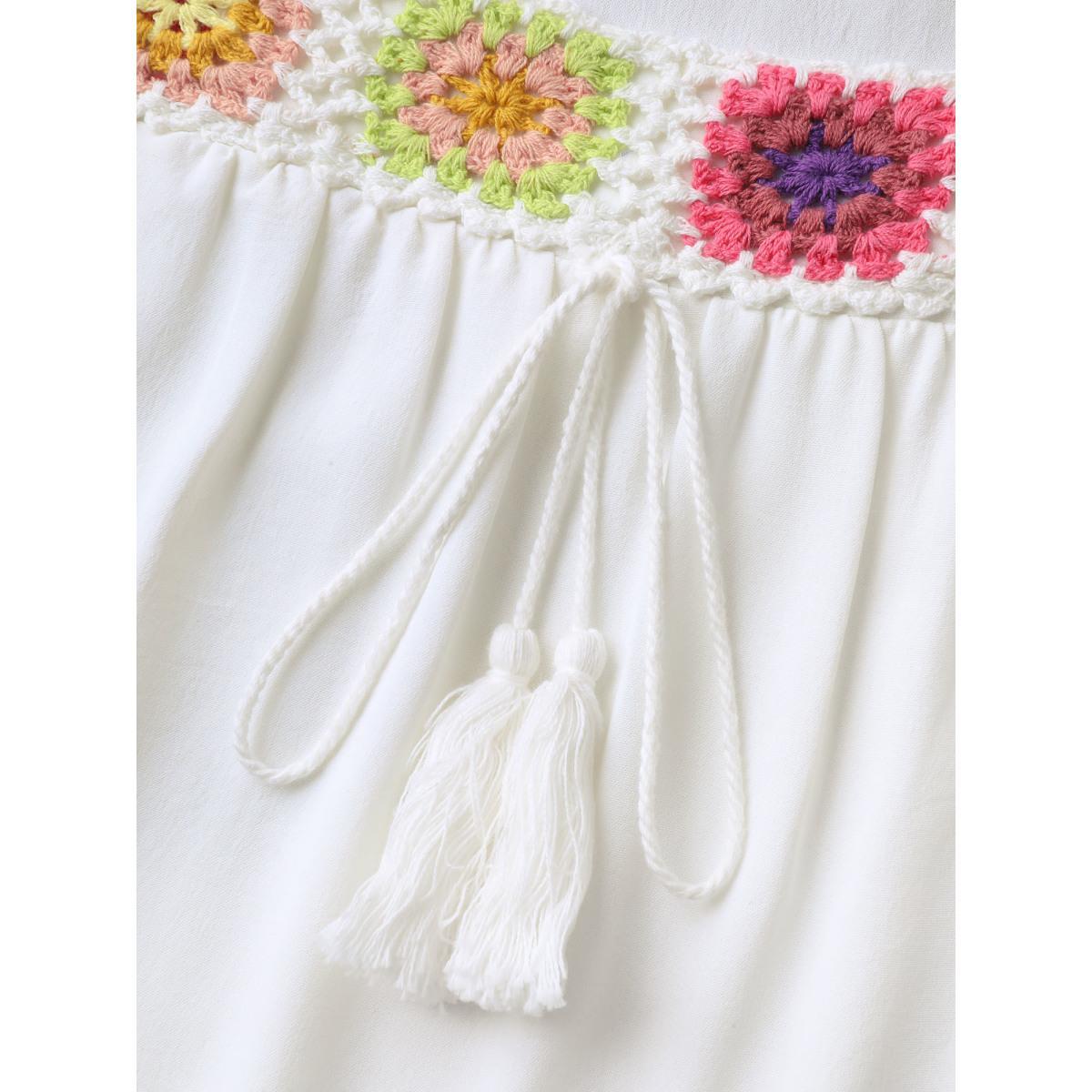Plus Size WhiteSmoke Colorful Crochet Floral Tie Blouse Women Short sleeve Square Neck Vacation Blouses BloomChic 28/5X Product Image