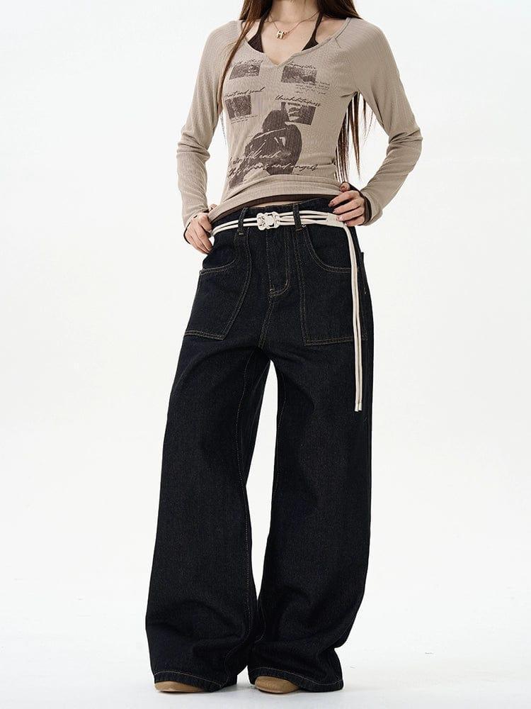 RT No. 12081 BLACK RETRO DENIM STRAIGHT JEANS Product Image