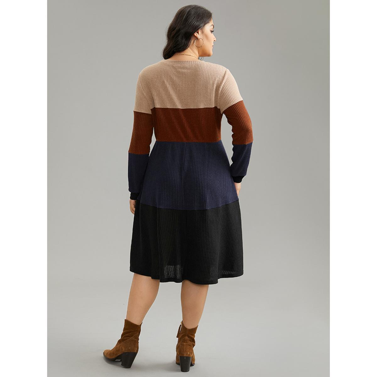 Plus Size Colorblock Rib Knit Pocket Patchwork Dress DarkBlue Women Casual Rib Knit Round Neck Long Sleeve Curvy Knee Dress BloomChic 12/L Product Image
