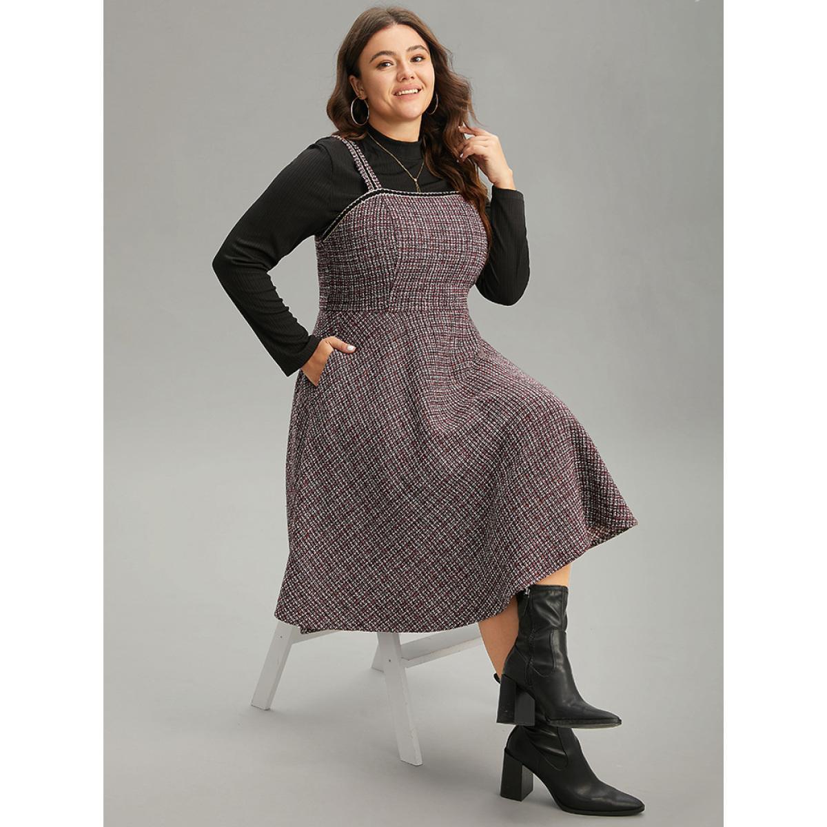 Plus Size Tweed Pocket Contrast Trim Adjustable Straps Dress Raspberry Women Casual Adjustable Straps Spaghetti Strap Sleeveless Curvy Midi Dress BloomChic 18-20/2X Product Image