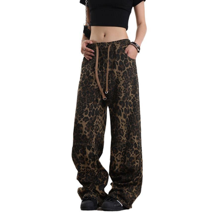 High Rise Leopard Print Wide Leg Cargo Pants Product Image