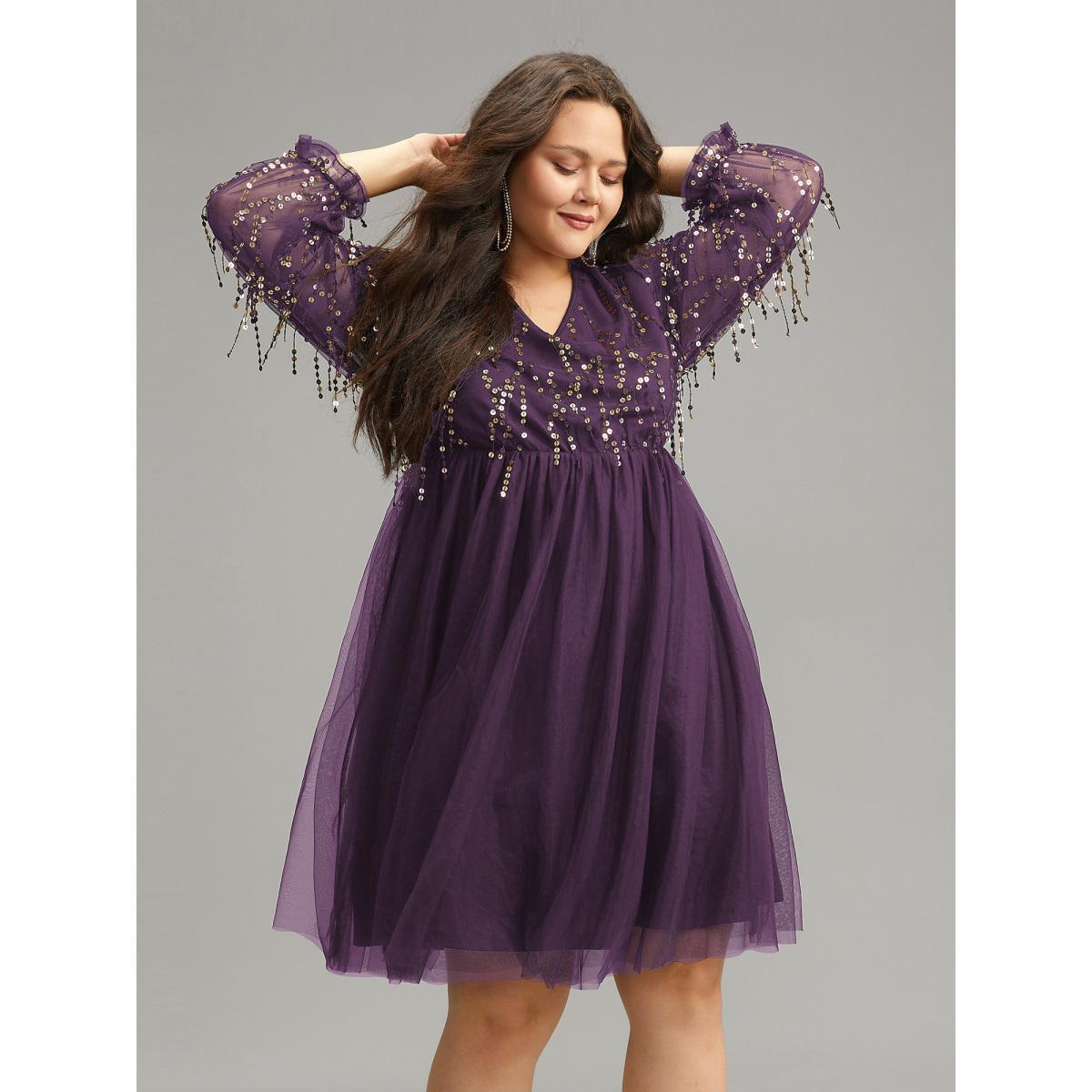Plus Size Sequin Mesh Patchwork Tassel Dress DarkBlue Women Cocktail Gathered Overlap Collar Long Sleeve Curvy Knee Dress BloomChic 18-20/2X Product Image