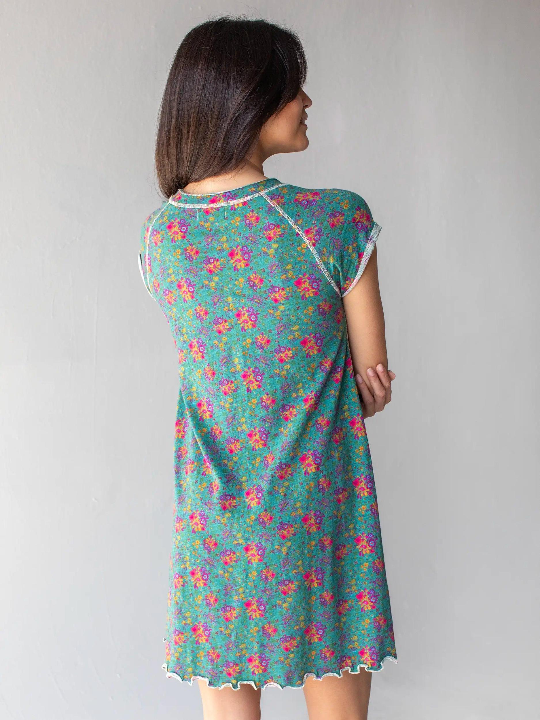 Lily Knit Cotton Tee Dress - Turquoise Floral Medallions Product Image