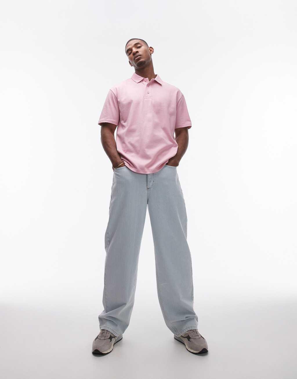 Topman oversized fit polo in washed pink Product Image