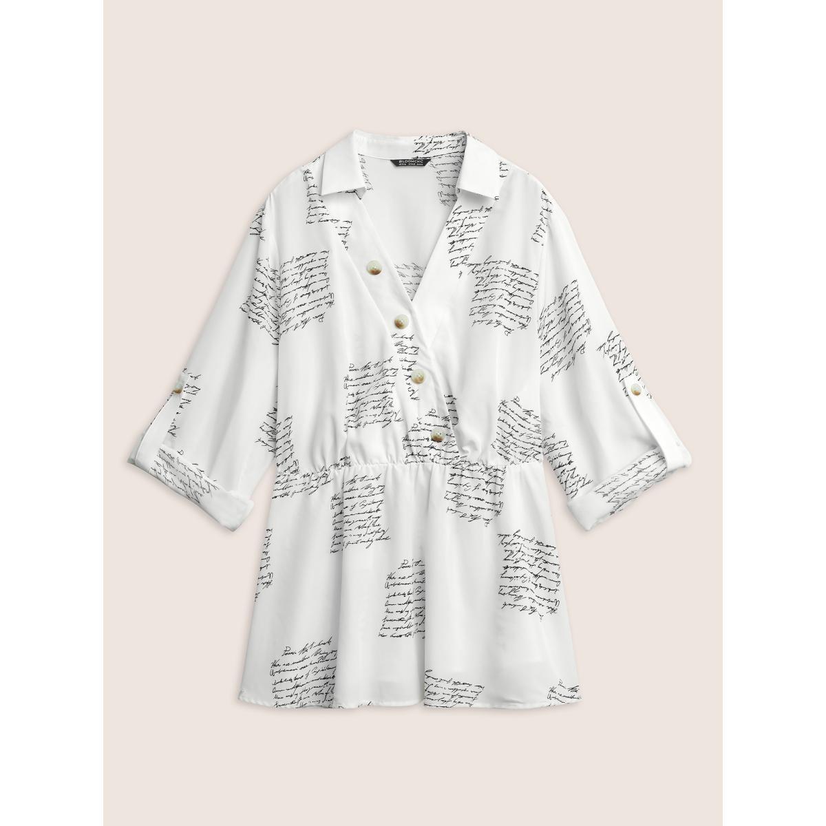 Plus Size White Letter Elastic Waist Button Detail Blouse Women At the Office Long Sleeve V-neck Work Blouses BloomChic 22-24/3X Product Image