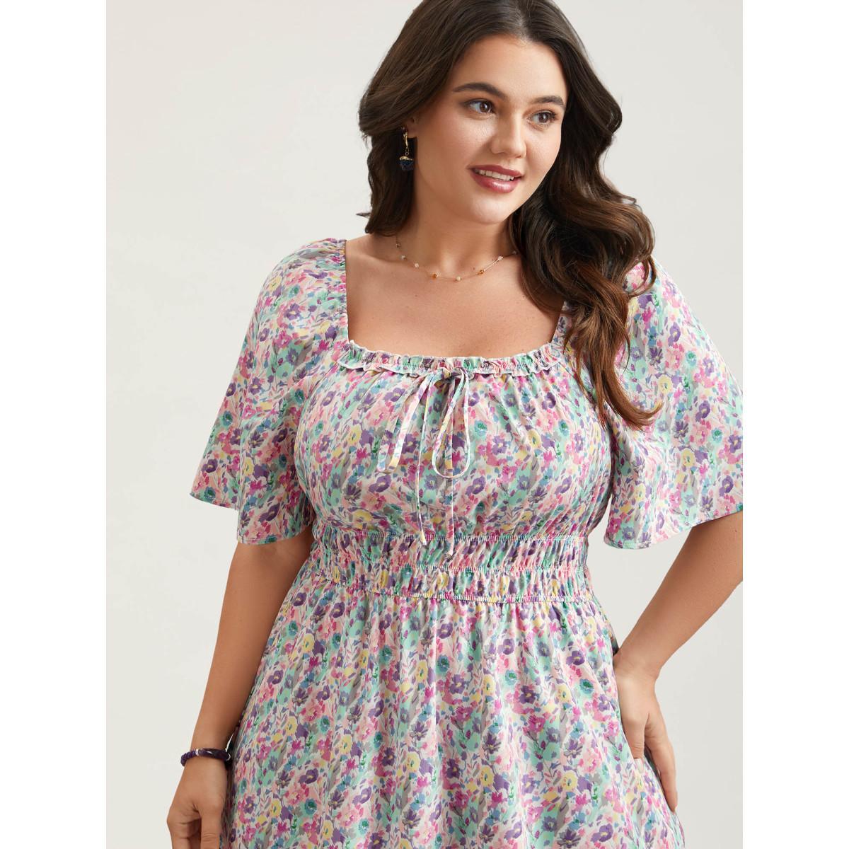 Plus Size Smocked Waist Floral Ties Tiered Maxi Dress Multicolor Women Elegant Tie knot Square Neck Short sleeve Curvy BloomChic 10/M Product Image
