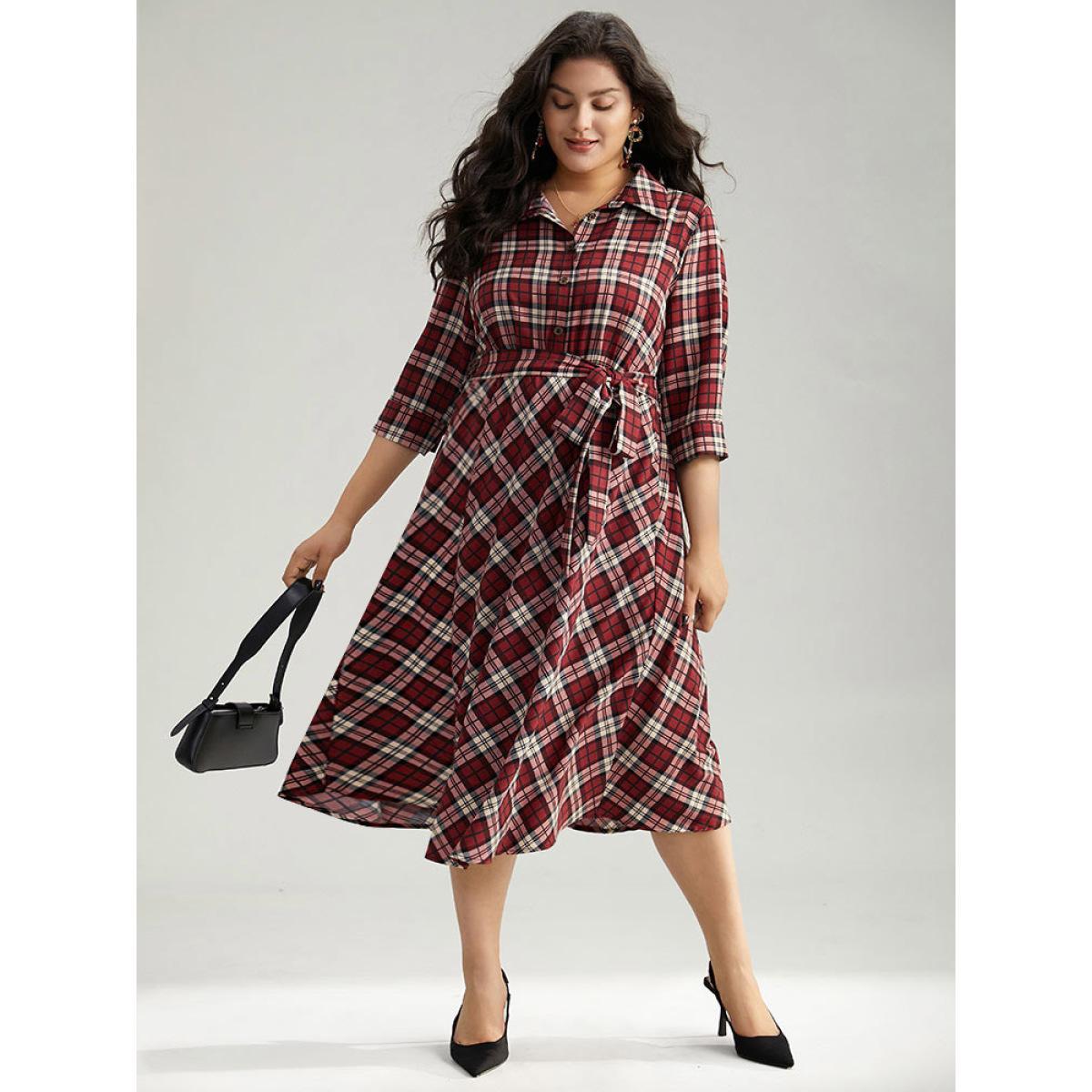 Plus Size Christmas Plaid Shirt Collar Button Up Belted Dress Burgundy Women Office Belted Shirt collar Elbow-length sleeve Curvy Midi Dress BloomChic 10/M Product Image