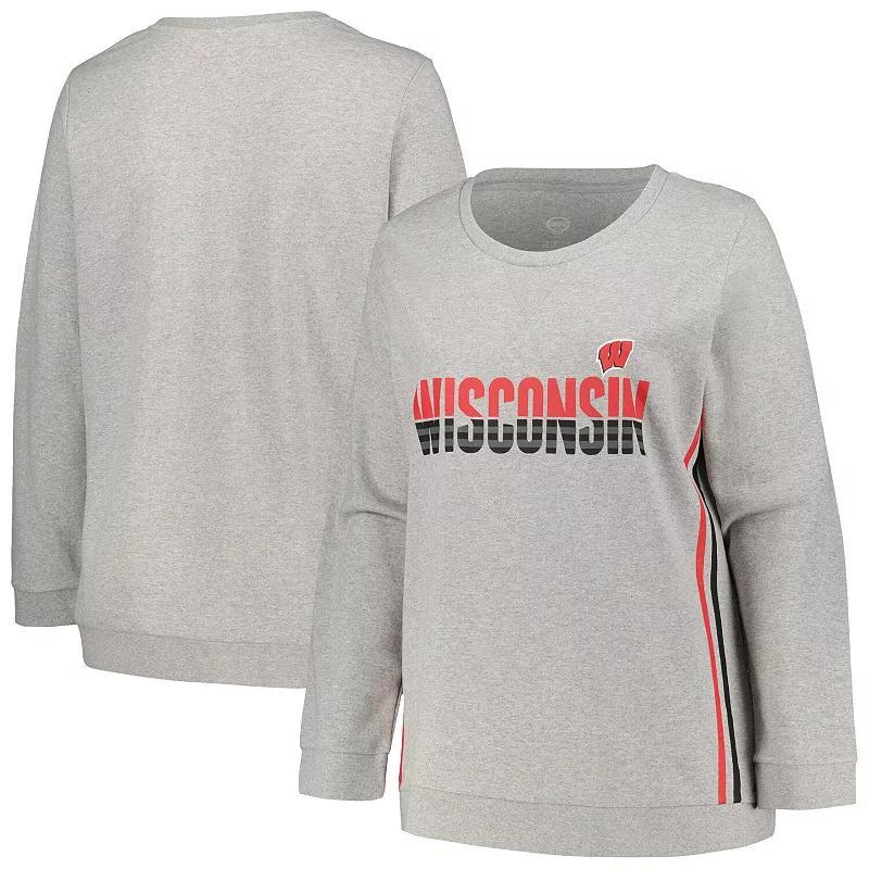 Womens Profile Heather Gray Wisconsin Badgers Plus Size Side Stripe Pullover Sweatshirt Product Image