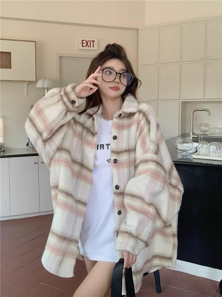 Collar Plaid Button Oversized Shacket Product Image