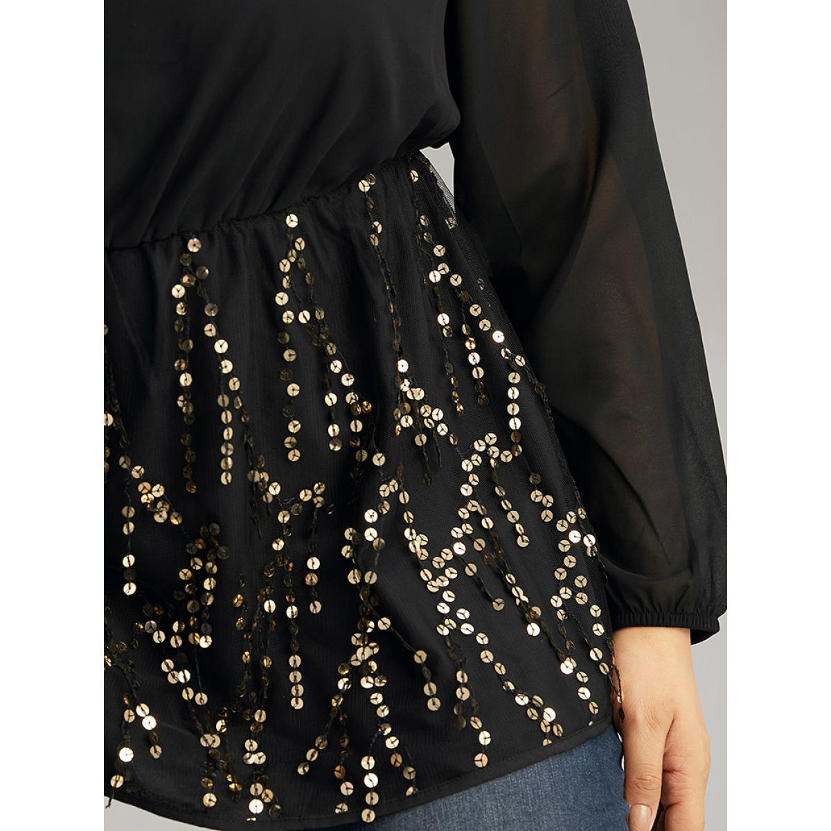 Plus Size Black Sequin Mesh Patchwork Square Neck Blouse Women Glamour Long Sleeve Square Neck Going out Blouses BloomChic 28/5X Product Image