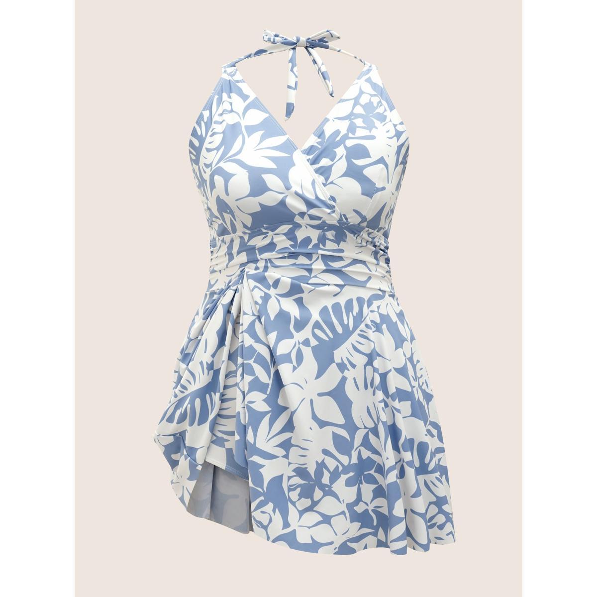 Plus Size Overlap Collar Silhouette Floral Print Swim Dress Women's Swimwear LightBlue Beach Bodycon Overlap Collar High stretch Curve Swim Dresses BloomChic 30/6X Product Image